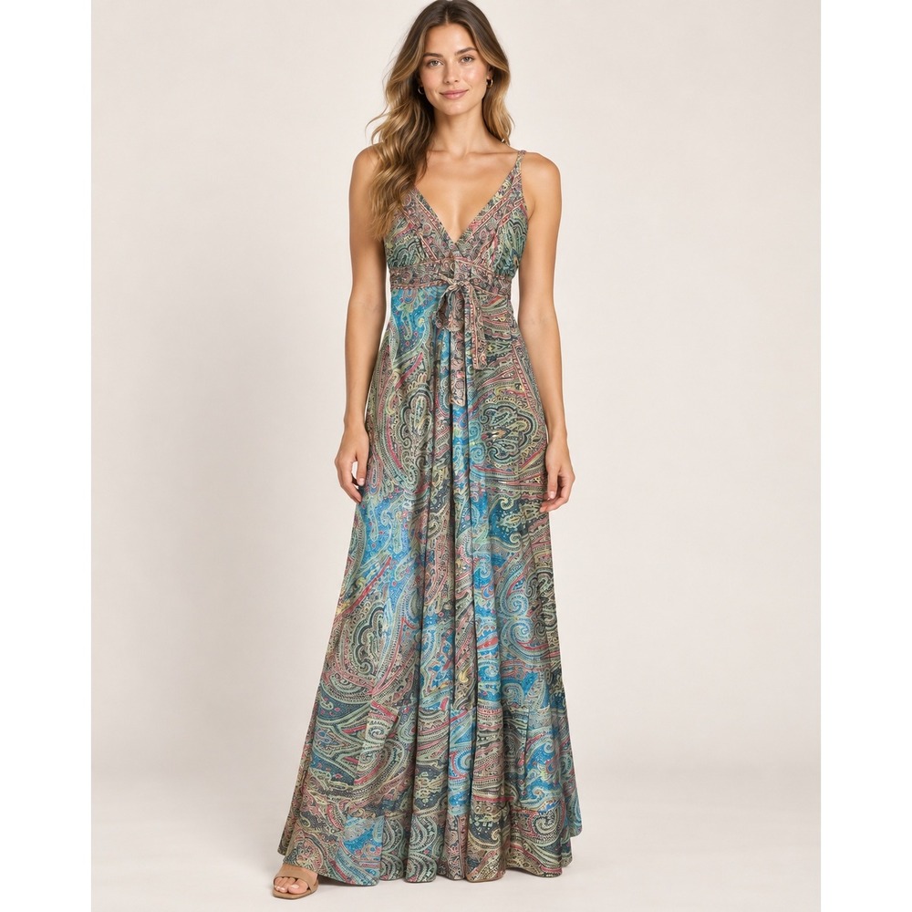 Palak Maxi Dress Womens One Size Blue Paisley Boho Metallic V-Neck bohemian